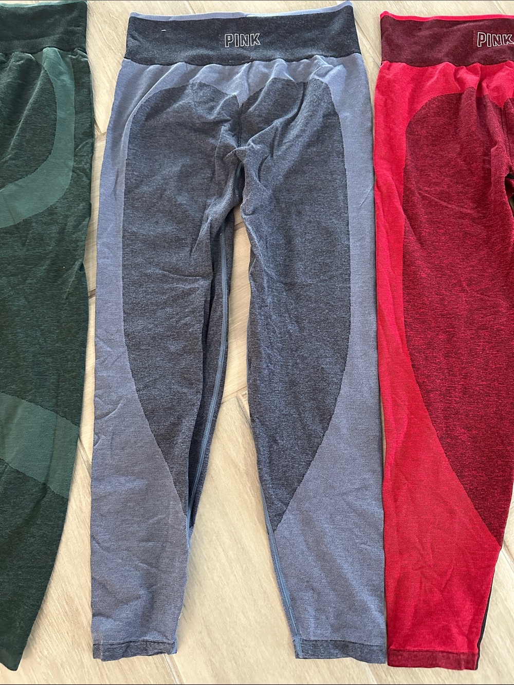 3 PINK Victoria's Secret Colorblock Seamless Leggings Trio - Green, Blue, Red - Picture 3 of 5